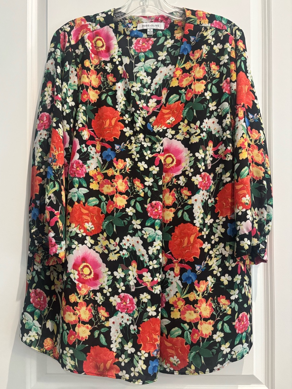 Rose + Olive Floral V Neck Blouse 1X Black Multicolor Boho Peasant Top